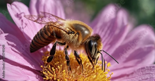 Hyperrealistic macro shot of a honeybee on a flower, intricate details