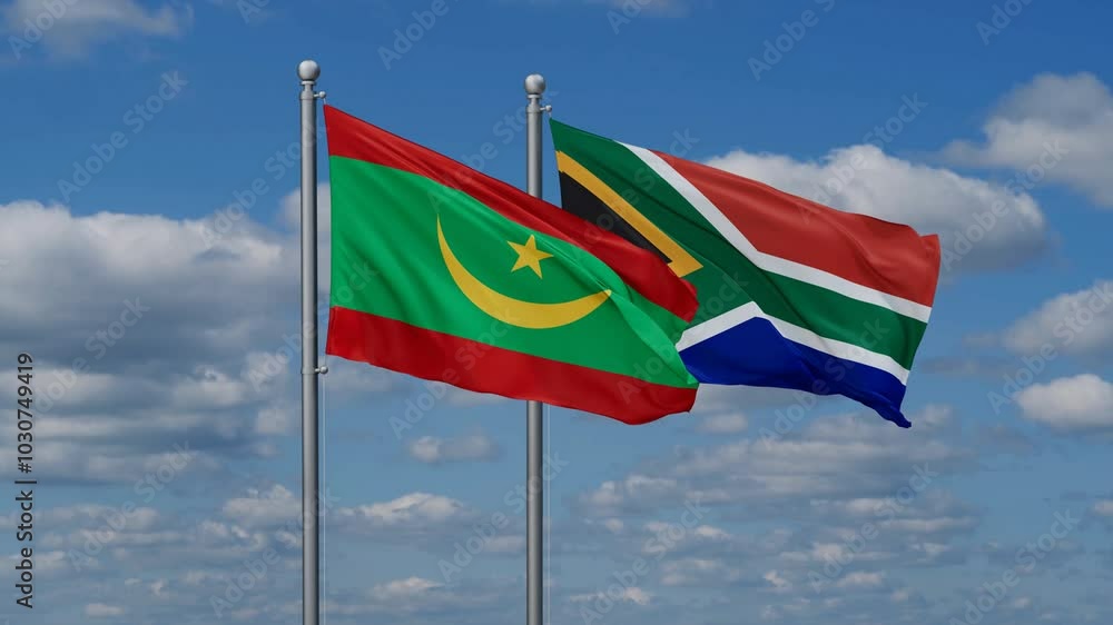 Republic of South Africa and Mauritania flags flying together, video concept of the relationship, two country cooperation concept Republic of South Africa and Mauritania flags flying together, video concept of the relationship, two country cooperation concept