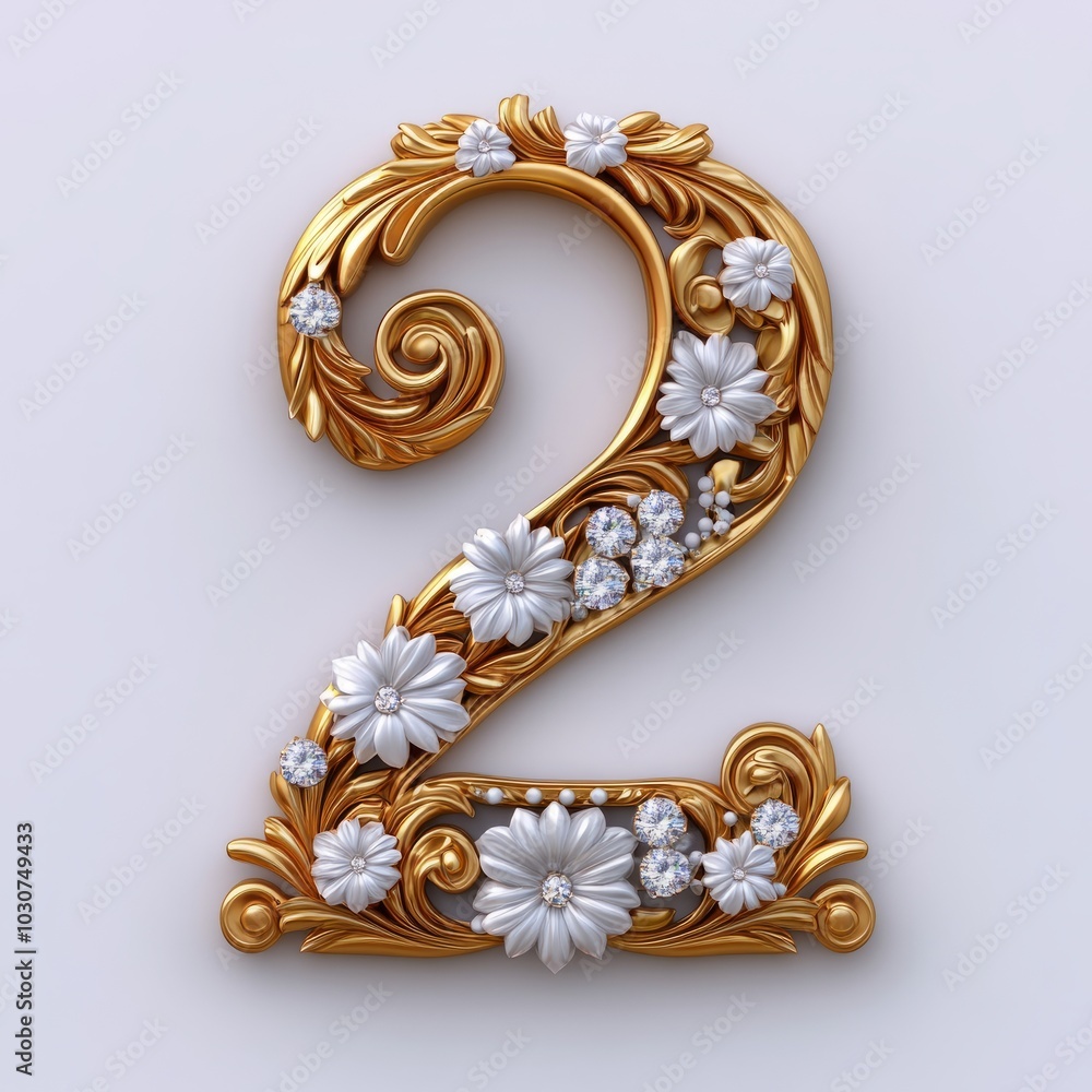 Ornate golden number 2 adorned with flowers and gems. Ornate golden number 2 adorned with flowers and gems.
