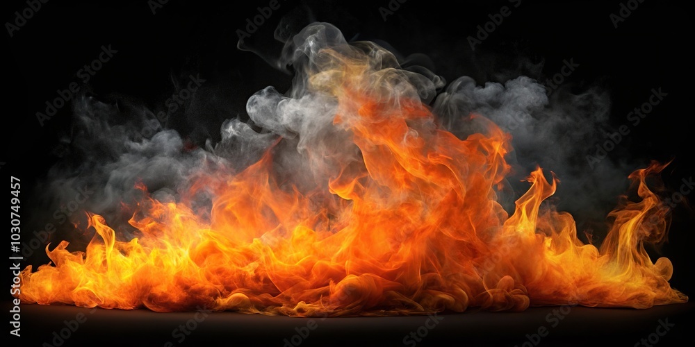 Fototapeta premium Isolated on black hot orange fire and smoke forced perspective