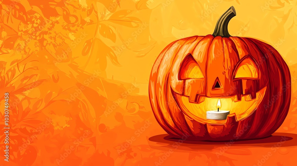 Cheerful jack-o'-lantern with a lit candle against a vibrant orange background, perfect for Halloween-themed designs and decorations. Cheerful jack-o'-lantern with a lit candle against a vibrant orange background, perfect for Halloween-themed designs and decorations.