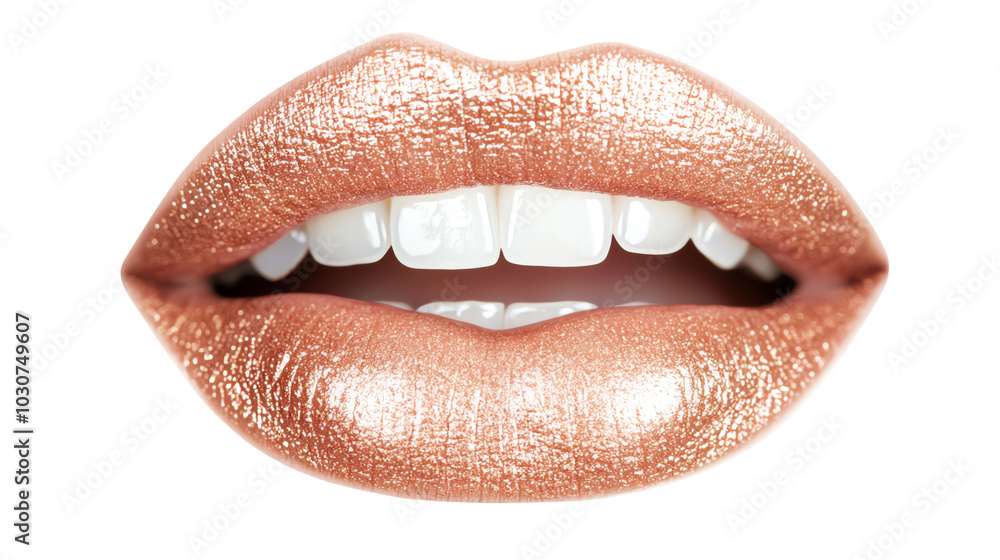 Fototapeta premium Close-up of glamorous lips with a shimmering gloss, showcasing a perfect smile and dental aesthetic. Ideal for beauty and fashion themes.