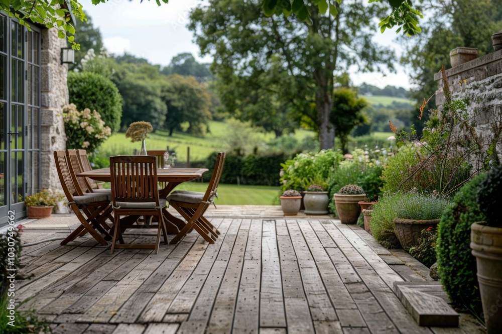 Wooden Terrace with Garden Furniture Overlooking Meadow and Orchard at Country House in Cornwall Wooden Terrace with Garden Furniture Overlooking Meadow and Orchard at Country House in Cornwall