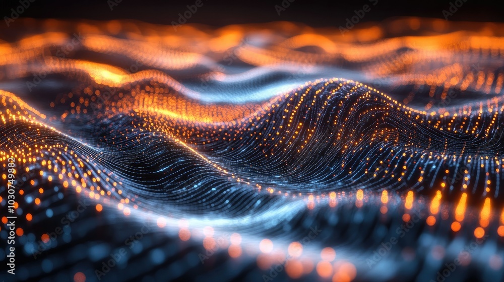 Abstract 3D grid of glowing nodes and waveforms representing the evolution of technological processes Abstract 3D grid of glowing nodes and waveforms representing the evolution of technological processes