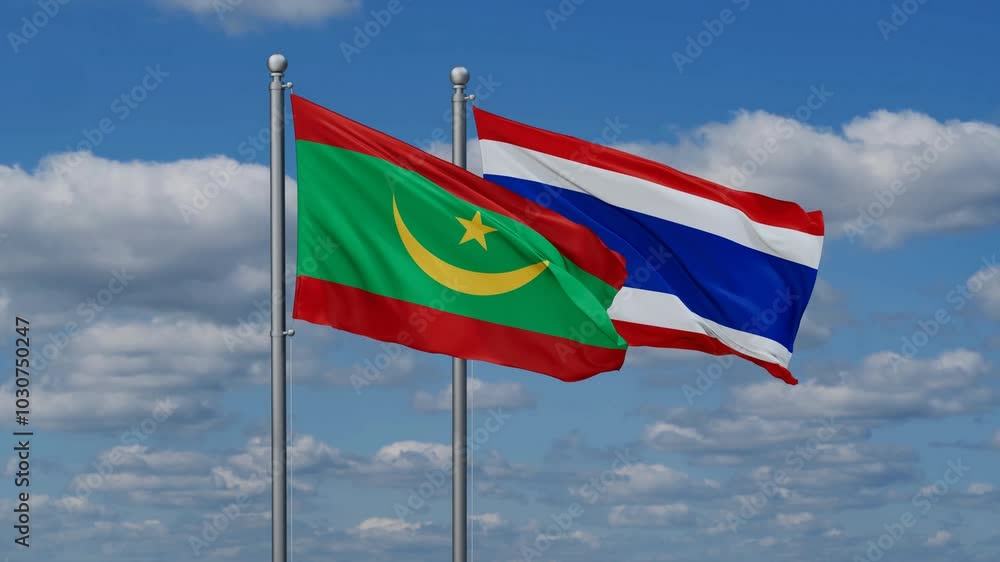Kingdom of Thailand and Mauritania flags flying together, video concept of the relationship, two country cooperation concept Kingdom of Thailand and Mauritania flags flying together, video concept of the relationship, two country cooperation concept