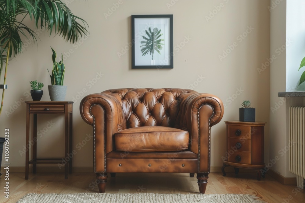 Fototapeta premium Brown Leather Armchair with Studded Trim and Wooden Legs Near Side Table and Chest of Drawers, Beige Wall with Poster Frame