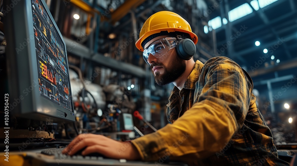 A civil engineer working on a computer in a factory setting. The image should have a professional and technical atmosphere, with a clean and organized environment. A civil engineer working on a computer in a factory setting. The image should have a professional and technical atmosphere, with a clean and organized environment.