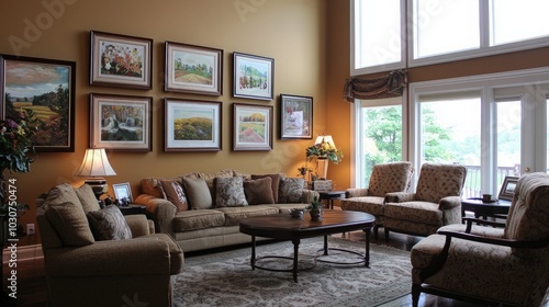 A spacious living room with a large sofa and armchairs, a coffee table, and a wall of artwork. The room has large windows that offer a view of the outdoors.