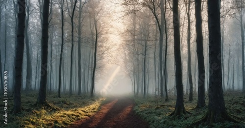 Majestic photo of a foggy forest at dawn