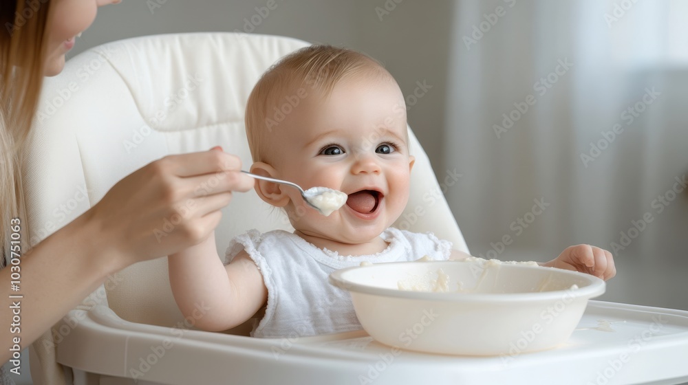A smiling baby in a high chair being fed with a spoon, showing excitement during mealtime, with a light background.. A smiling baby in a high chair being fed with a spoon, showing excitement during mealtime, with a light background..