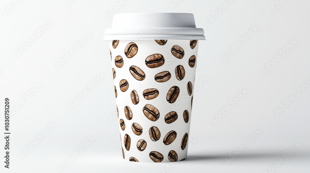 A disposable coffee cup decorated with coffee bean illustrations, isolated on a white background, perfect for takeaway beverages.. A disposable coffee cup decorated with coffee bean illustrations, isolated on a white background, perfect for takeaway beverages..