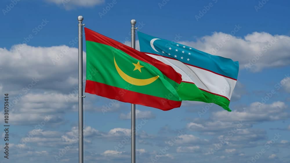 Republic of Uzbekistan and Mauritania flags flying together, video concept of the relationship, two country cooperation concept Republic of Uzbekistan and Mauritania flags flying together, video concept of the relationship, two country cooperation concept