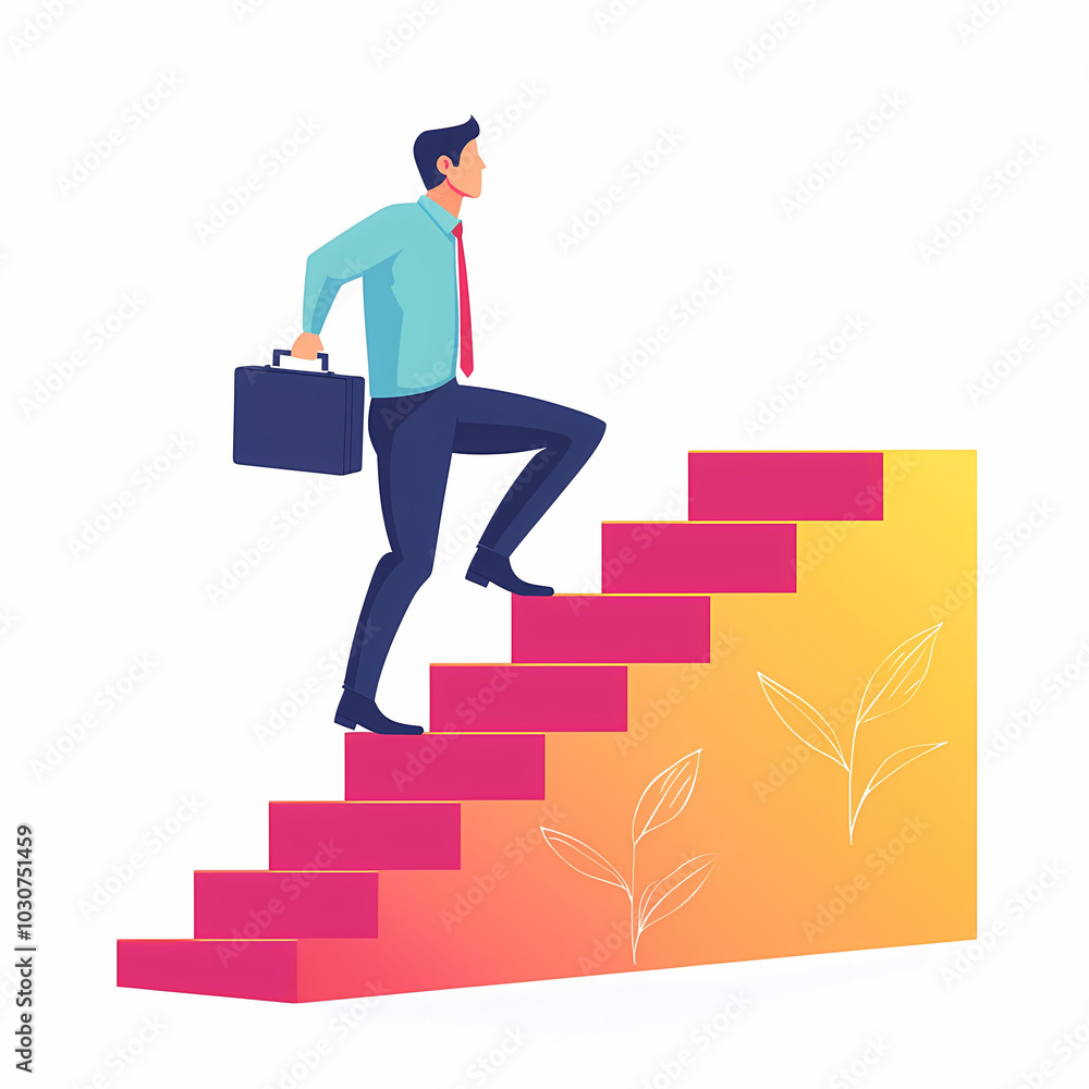 businessman confidently climbs stairs of success, carrying briefcase, symbolizing ambition and progress in his career businessman confidently climbs stairs of success, carrying briefcase, symbolizing ambition and progress in his career