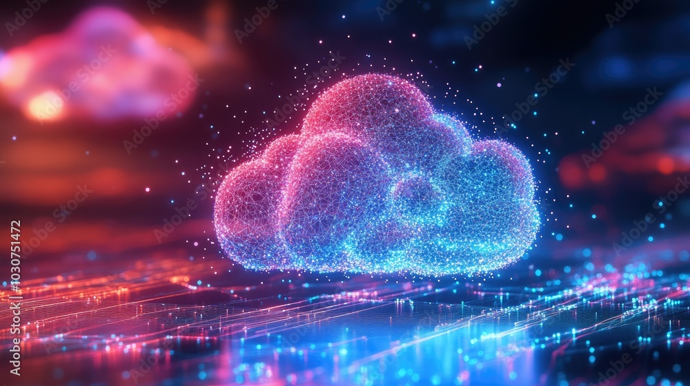 Abstract data cloud with glowing particles and waves symbolizing the digital landscape of tech processes Abstract data cloud with glowing particles and waves symbolizing the digital landscape of tech processes