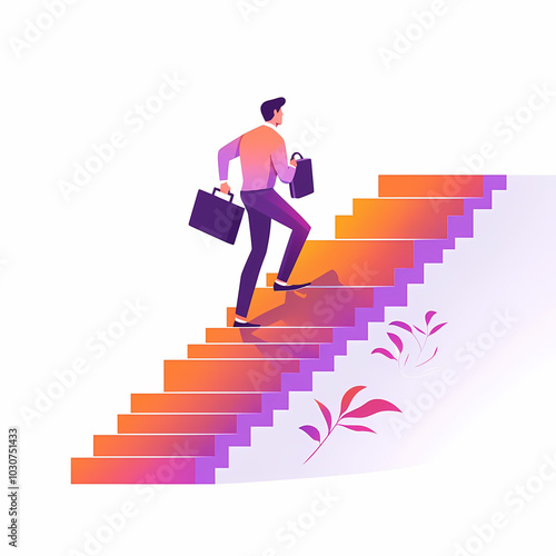 businessman is climbing colorful stairs of success, carrying briefcases, symbolizing ambition and progress. vibrant colors and design evoke sense of motivation and achievement