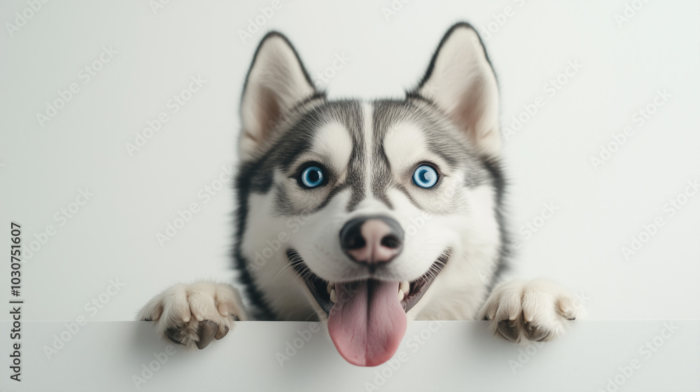 Close-up of a Playful Siberian Husky with Bright Blue Eyes and Tongue Out Close-up of a Playful Siberian Husky with Bright Blue Eyes and Tongue Out
