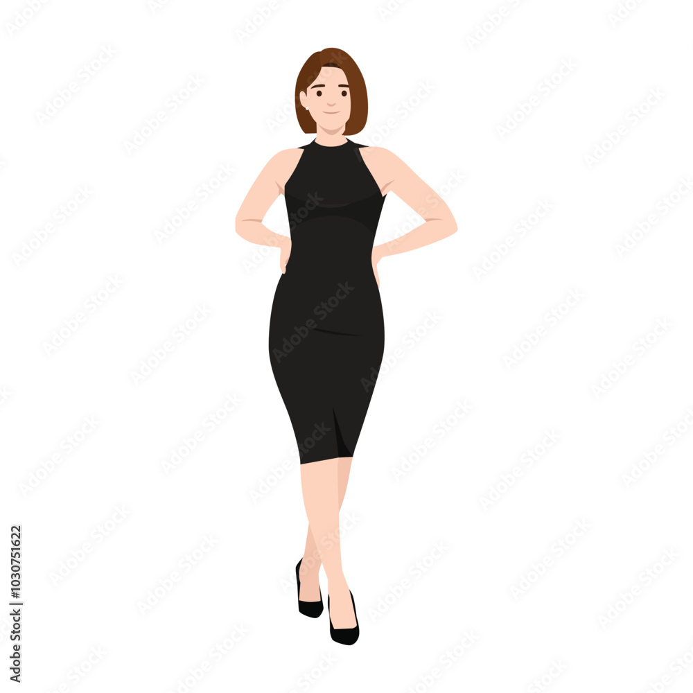 Young sexy woman in a stylish black dress. Flat vector illustration isolated on white background Young sexy woman in a stylish black dress. Flat vector illustration isolated on white background