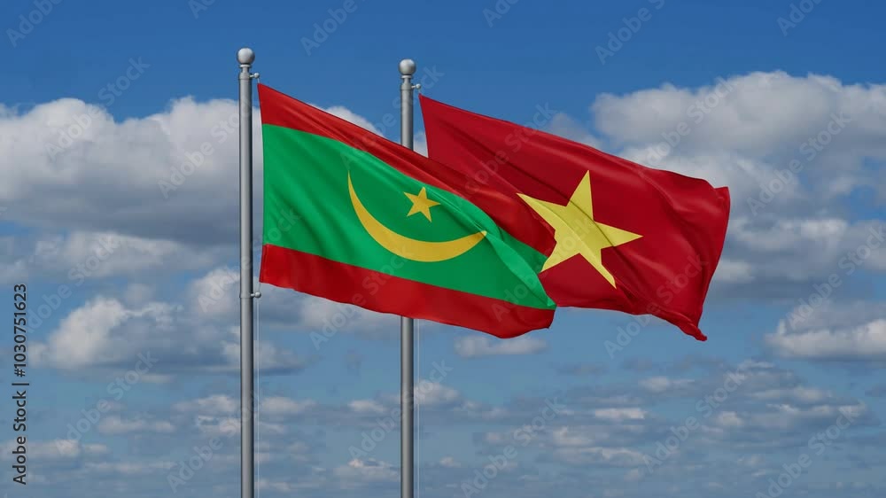 Vietnam and Mauritania flags flying together, video concept of the relationship Vietnam and Mauritania flags flying together, video concept of the relationship