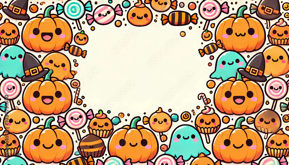 Happy Kawaii pumpkins surrounded by candy background in Style of Flat Hand-drawn, ample copy space suitable for seasonal and festive decoration. Happy Kawaii pumpkins surrounded by candy background in Style of Flat Hand-drawn, ample copy space suitable for seasonal and festive decoration.