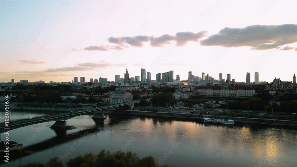Aerial drone photography. Panoramic view of sunset over Warsaw. Panoramic view of Warsaw city center and Vistula river Aerial drone photography. Panoramic view of sunset over Warsaw. Panoramic view of Warsaw city center and Vistula river