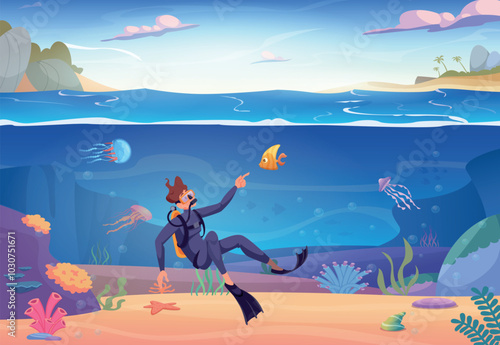 Underwater. Ocean diving extreme sport man swimming underwater in swimsuit and flippers exact vector background