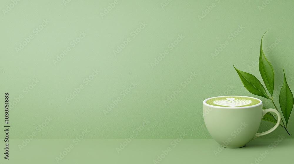 A smooth green matcha latte with delicate latte art in a matching green cup, placed on a green background, showcasing minimalistic and calming vibes.. A smooth green matcha latte with delicate latte art in a matching green cup, placed on a green background, showcasing minimalistic and calming vibes..