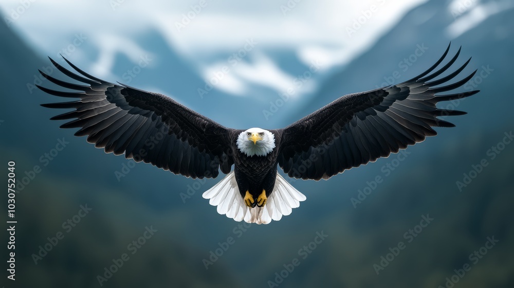 A majestic bald eagle spreads its wings while soaring in the sky, with mountains blurred in the background, symbolizing freedom and power..