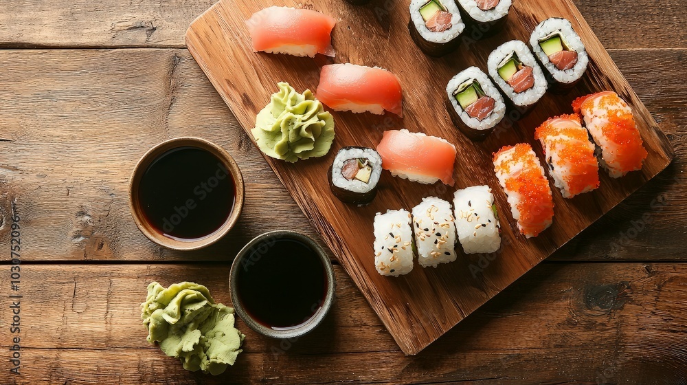 A variety of sushi rolls, including salmon, avocado, and cucumber, are arranged on a wooden cutting board. Two small bowls of soy sauce are also included. A variety of sushi rolls, including salmon, avocado, and cucumber, are arranged on a wooden cutting board. Two small bowls of soy sauce are also included.