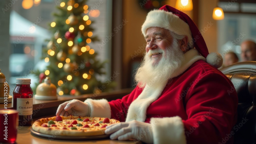 Happy Santa Claus and Big New Year's Eve Pizza Happy Santa Claus and Big New Year's Eve Pizza