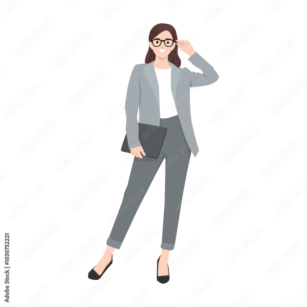 Young business woman in glasses wearing casual outfit. Flat vector illustration isolated on white background Young business woman in glasses wearing casual outfit. Flat vector illustration isolated on white background