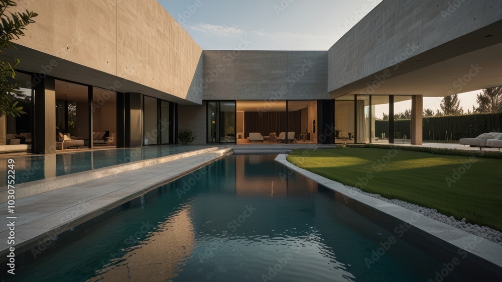 A modern concrete home with a swimming pool and a lush green lawn in the background. A modern concrete home with a swimming pool and a lush green lawn in the background.