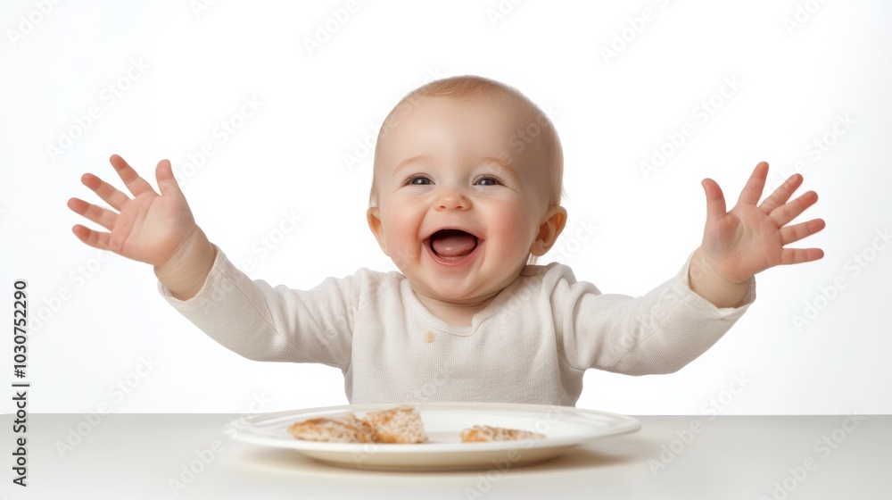 A joyful baby with raised arms sits at a table, smiling brightly, showcasing a moment of pure excitement and happiness.. A joyful baby with raised arms sits at a table, smiling brightly, showcasing a moment of pure excitement and happiness..