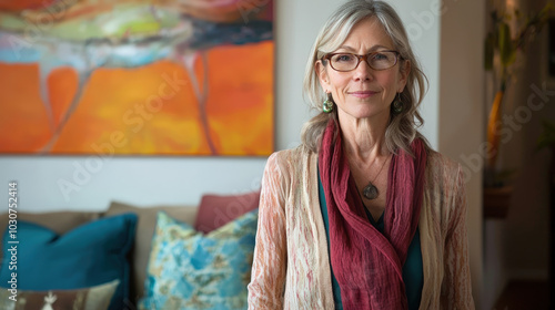 Elegant Senior Woman Standing in Art-Filled Living Room