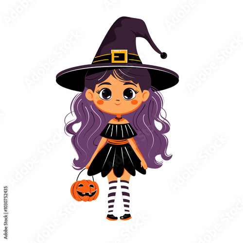 Cute Halloween witch girl. Kawaii vector illustration. Kid wearing Halloween costume