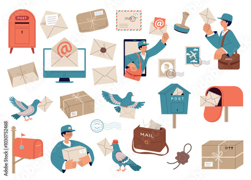 Post service. Mail pigeon postman items online connection envelope recent vector collection illustrations