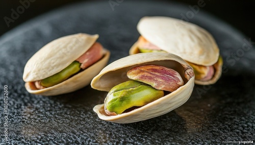 A close-up of three pistachios in their shells. The background is dark gray to contrast with the soft lighting, which highlights the colors of each kernel inside.