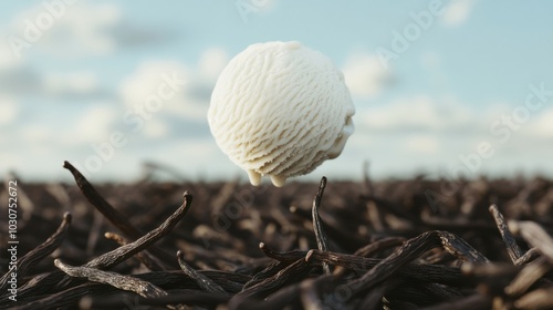 Scoop of Vanilla Ice Cream Floating Above a Field