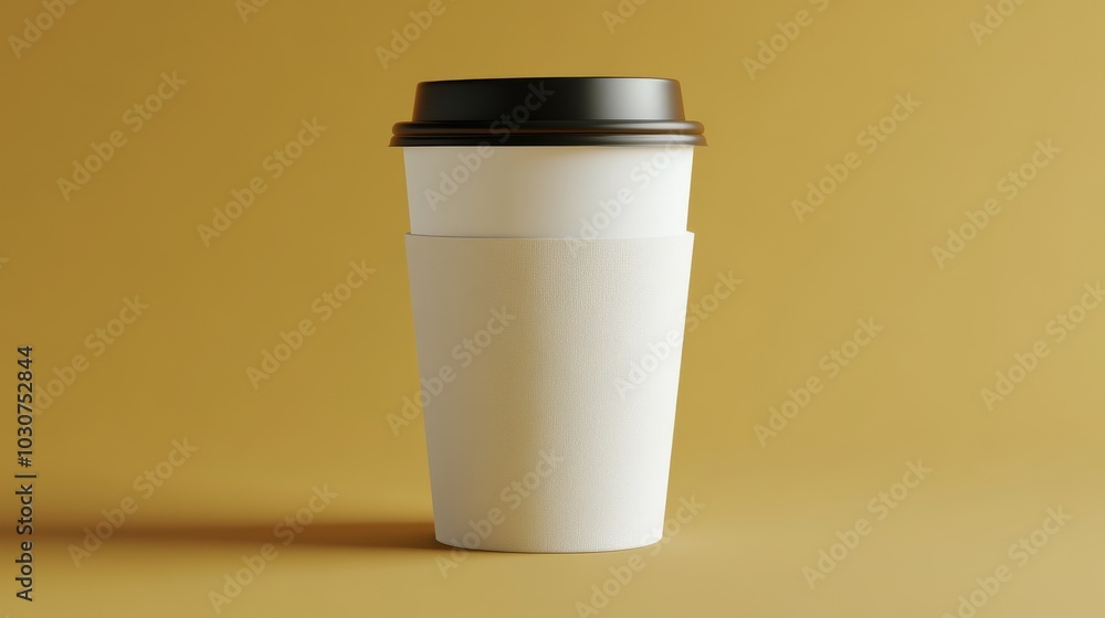 A clean, minimalist white coffee cup with a kraft sleeve set against a warm yellow background, creating a simple yet stylish aesthetic.. A clean, minimalist white coffee cup with a kraft sleeve set against a warm yellow background, creating a simple yet stylish aesthetic..