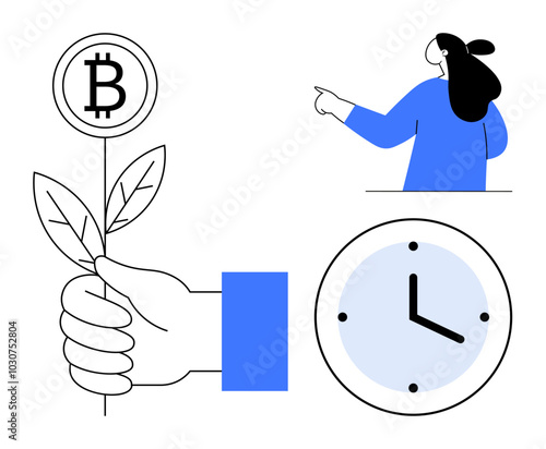 A hand holding a plant with a Bitcoin symbol, a clock, and a woman pointing. Ideal for finance, investment, cryptocurrency, time management, and minimalistic art themes. Simple vector drawing
