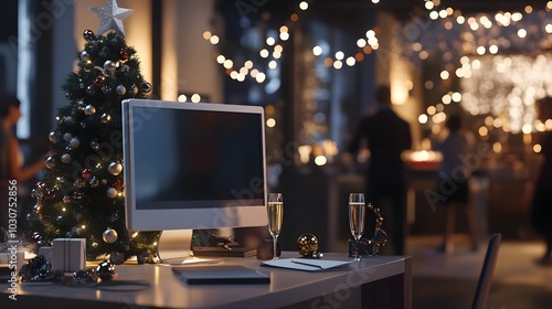 a desktop in an office, on which there is a white thin computer monitor, a tabletop Christmas tree with small balls and a New Year's garland, two diaries, desk calendar with the year 2025 