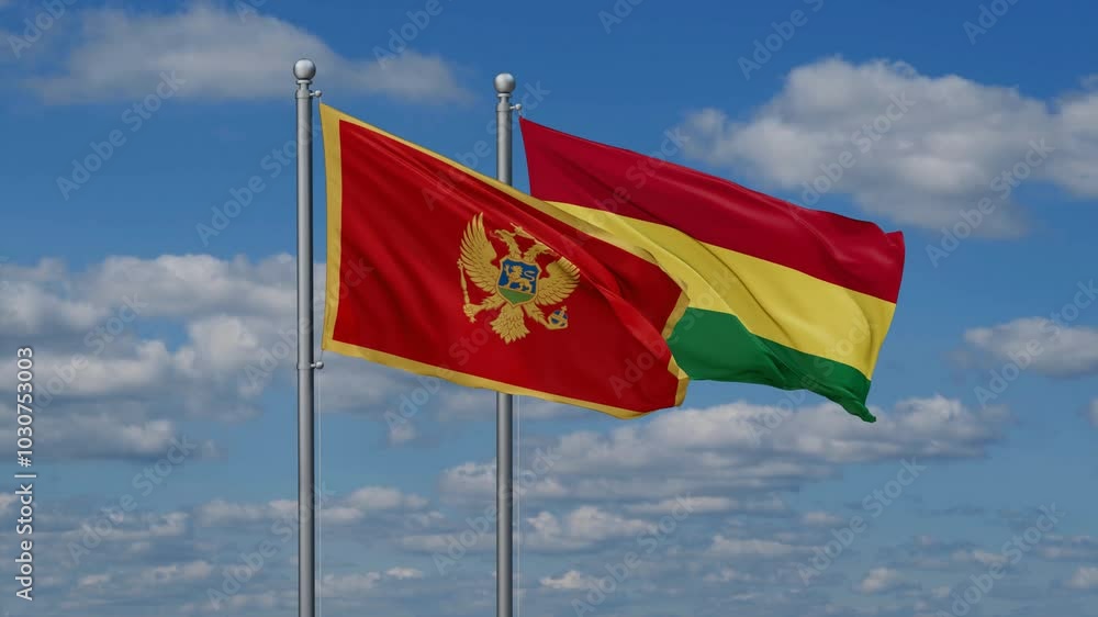 Bolivia and Montenegro flags flying together, video concept of the relationship, two country relations concept Bolivia and Montenegro flags flying together, video concept of the relationship, two country relations concept