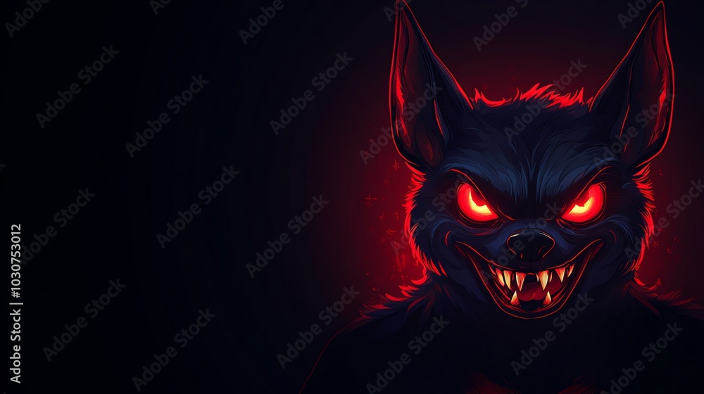 Fierce wolf creature with glowing red eyes and sharp teeth against a dark background. Eerie and compelling nighttime illustration. Fierce wolf creature with glowing red eyes and sharp teeth against a dark background. Eerie and compelling nighttime illustration.
