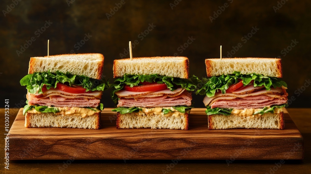 Three ham and cheese sandwiches on a wooden cutting board. Three ham and cheese sandwiches on a wooden cutting board.