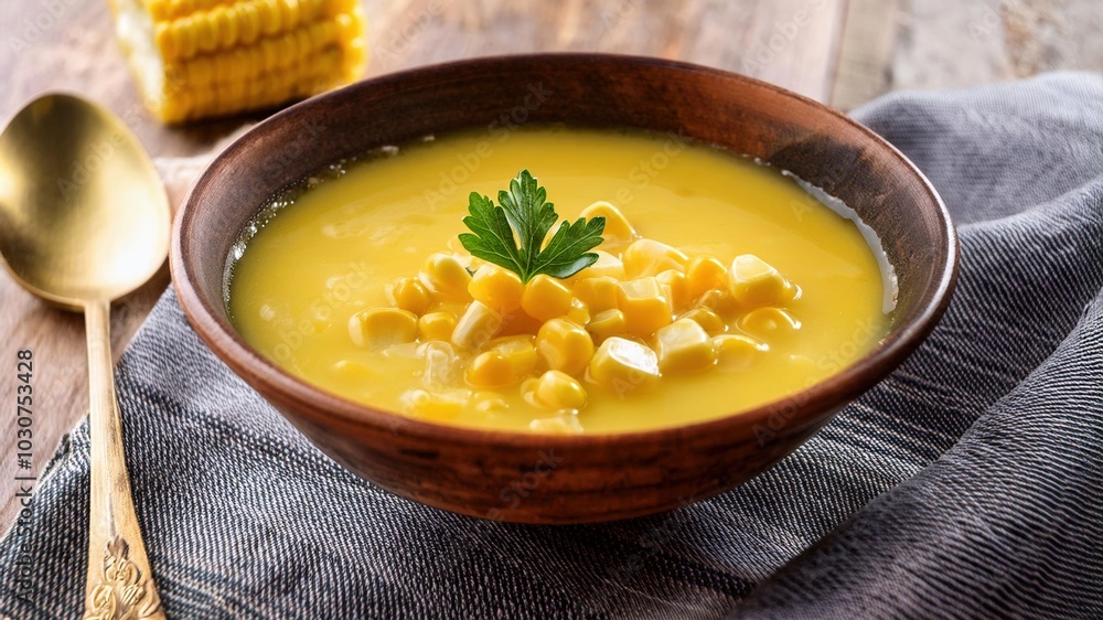 Corn soup in a bowl. Healthy, vegetarian food. Corn soup in a bowl. Healthy, vegetarian food.