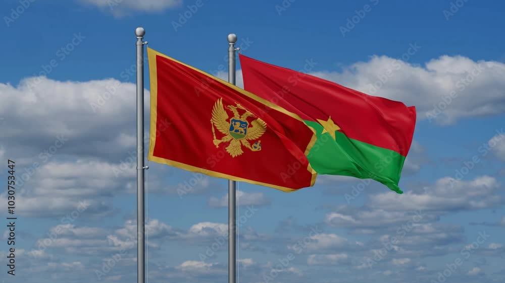 Burkina Faso and Montenegro flags flying together, video concept of the relationship, two country relations concept Burkina Faso and Montenegro flags flying together, video concept of the relationship, two country relations concept