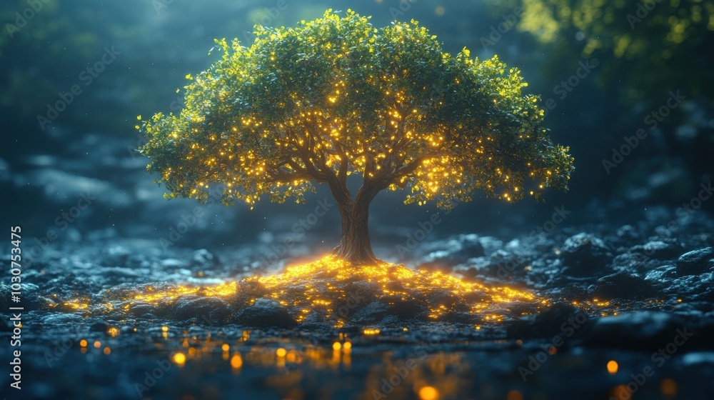 3D Rendered Tree with Glowing Leaves for Fantasy and Nature Themes 3D Rendered Tree with Glowing Leaves for Fantasy and Nature Themes