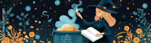 Enchanting illustration of a witch concocting a potion in a mystical forest setting. Perfect for fantasy and magical themes.