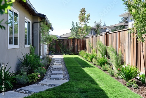 Small Backyard with Wooden Fence, Green Grass, and Path to Front Door, Sunrise Landscaping Style