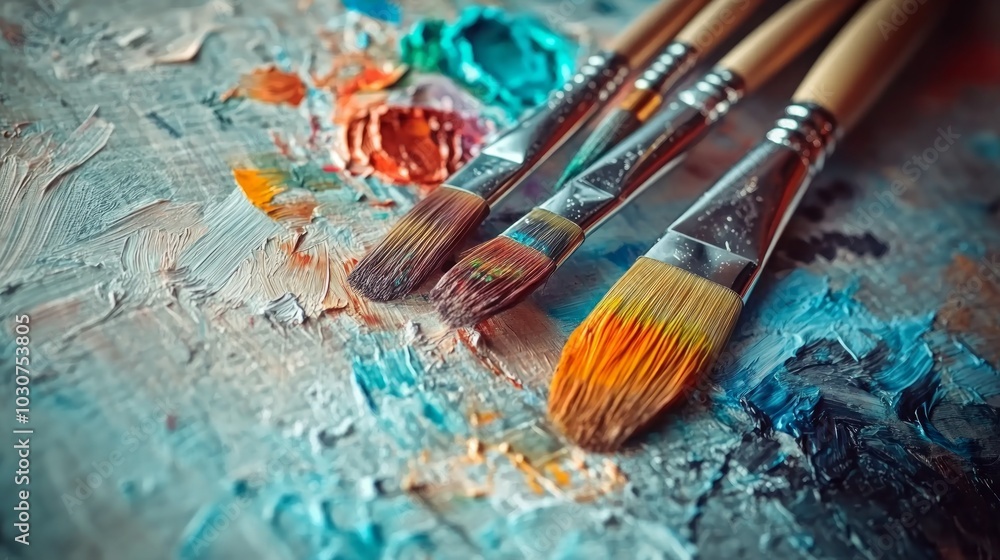 Fototapeta premium Three paintbrushes with paint on them lay on a colorful artist's palette.