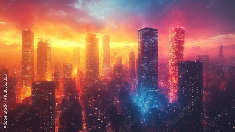 A Colorful Futuristic Cityscape with Tall Glowing Buildings for Urban Design Inspiration A Colorful Futuristic Cityscape with Tall Glowing Buildings for Urban Design Inspiration